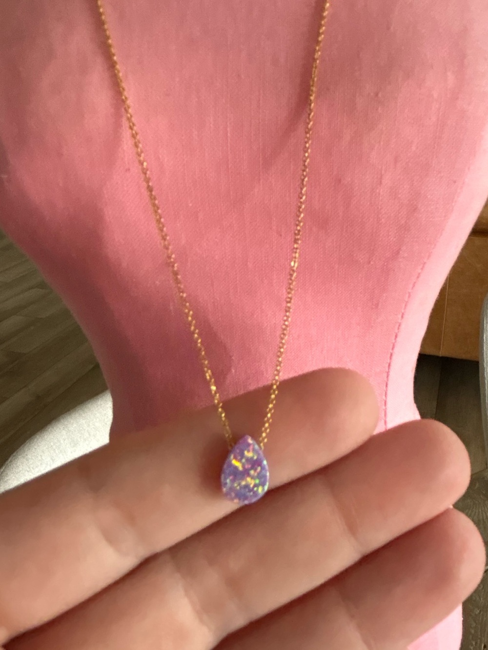 Gold Chain Necklace with Purple Opal Teardrop Pendant